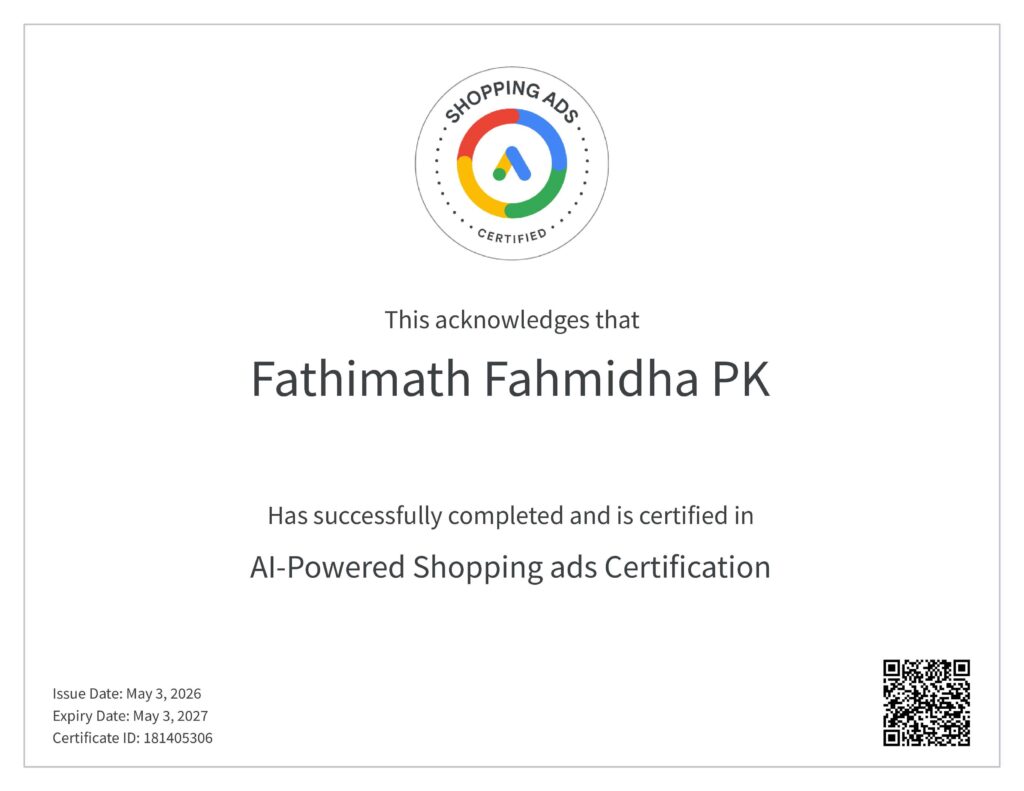 AI Powered Shopping Ads Certificate in skillshop by digital marketing consultant in kerala