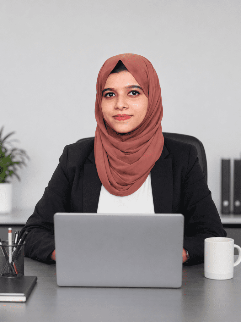 Professional portrait of a young Muslim woman working on a laptop in a modern office, representing a trusted digital marketing freelancer in Kerala with a confident and corporate style.