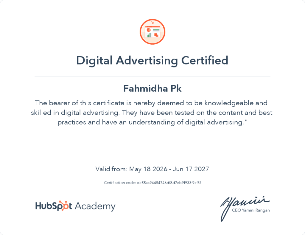 Digital Advertising Certificate in hubspot academy by digital marketing consultant in kerala