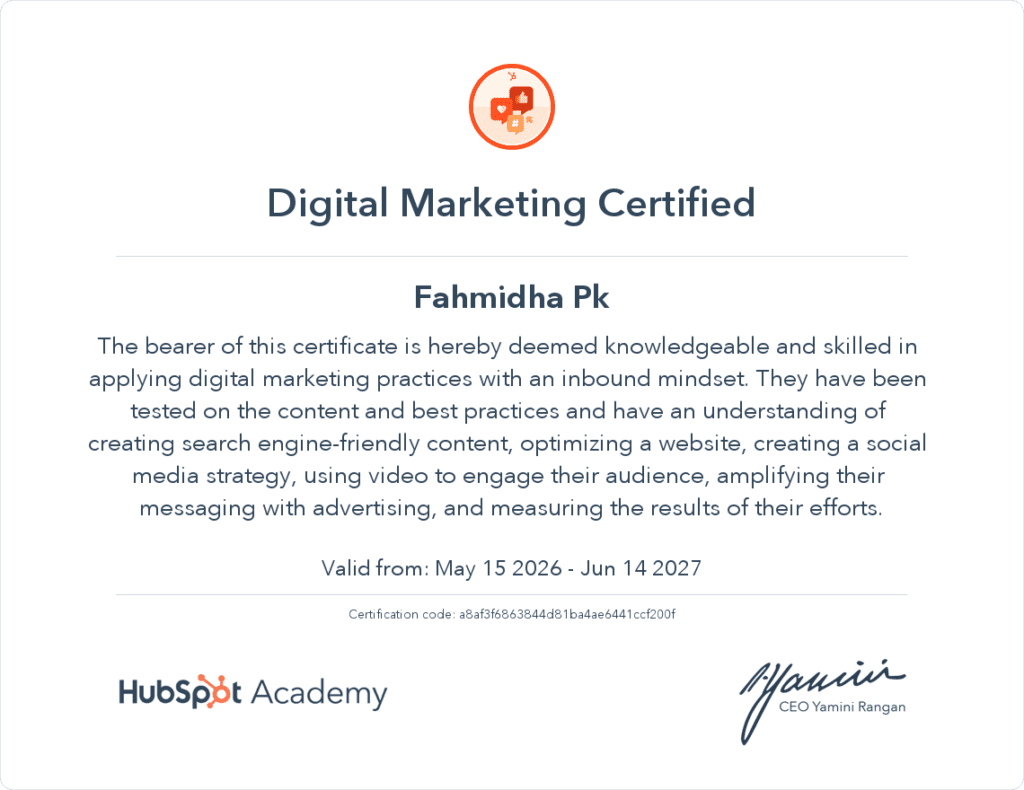 Certificate of Digital Marketing in Hubspot Academy by digital marketing consultant in kerala