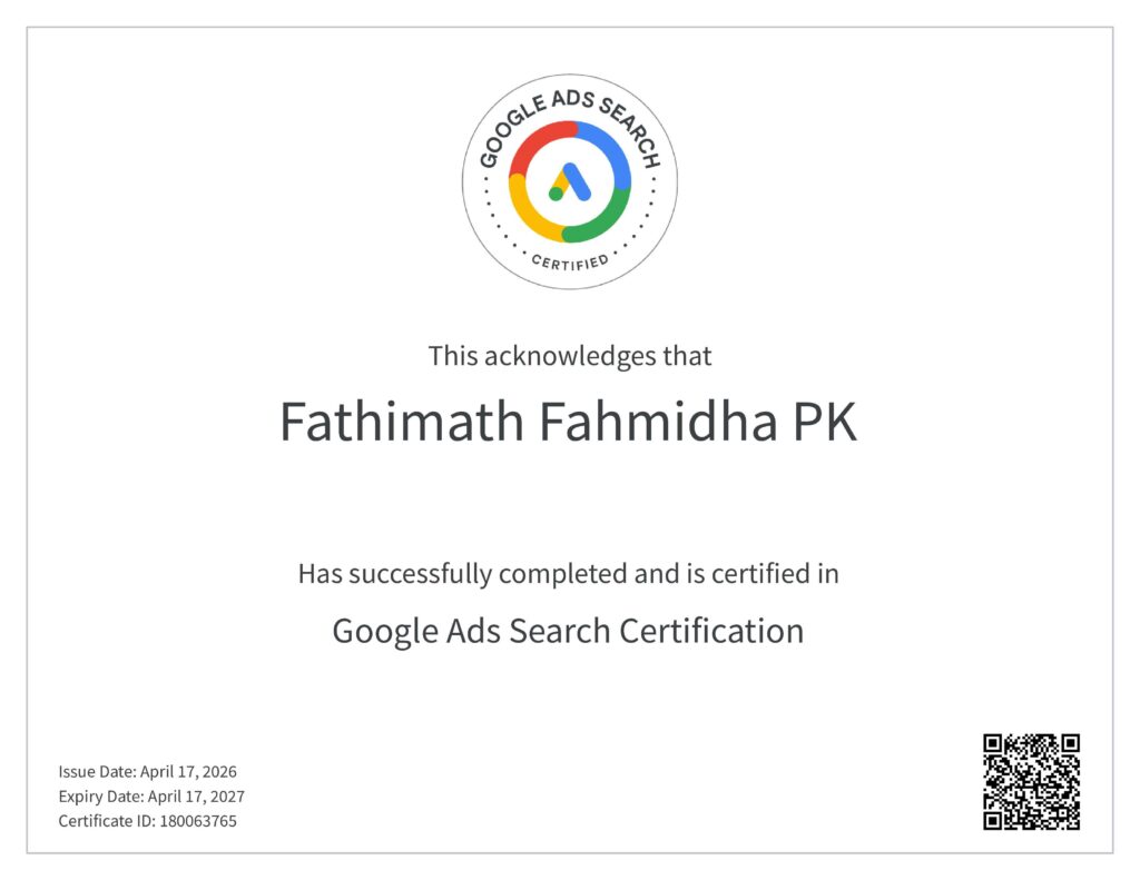 Google Ads Search Certificate in skillshop by digital marketing consultant in kerala