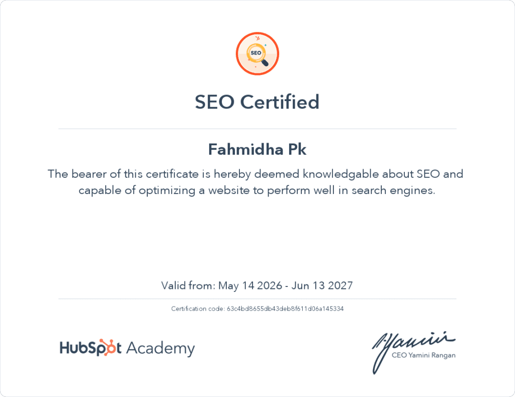 Certificate Of SEO in Hubspot Academy by digital marketing consultant in kerala