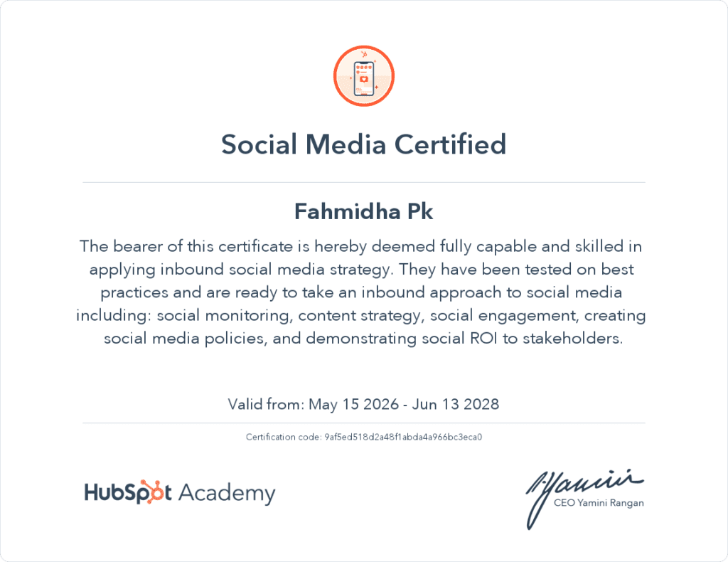 Social Media Marketing Certificate in Hubspot academy by digital marketing consultant in kerala