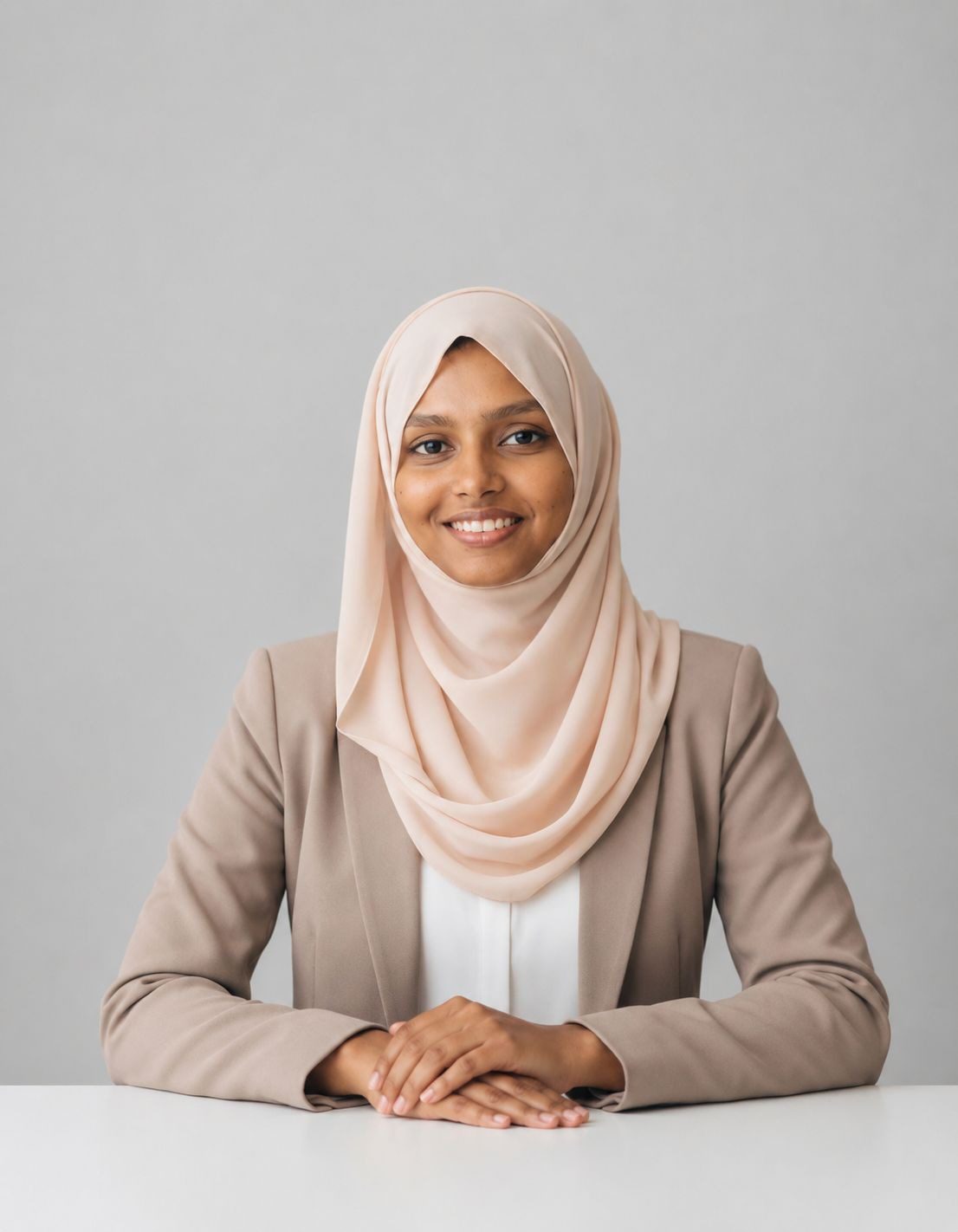 Professional portrait of a young Muslim woman in a modern office, representing a trusted digital marketing freelancer in Kerala with a confident and corporate style.